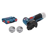 Bosch Professional 12V System Akku Winkelschleifer GWS 12V-76 (inkl. 2x Trennscheibe Expert for Inox, 1x Hartmetall - Trennscheibe Carbide Multi Wheel, 2x L-BOXX-Einlage, L-BOXX, ohne Akku/ Ladegerät)